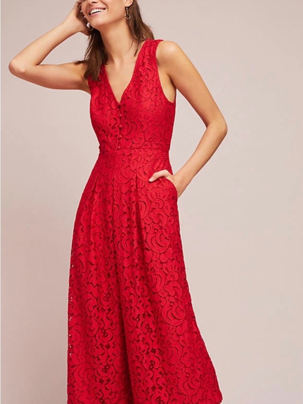 Moulinette Soeurs for Anthropology Red Lace Sleeveless Jumpsuit
